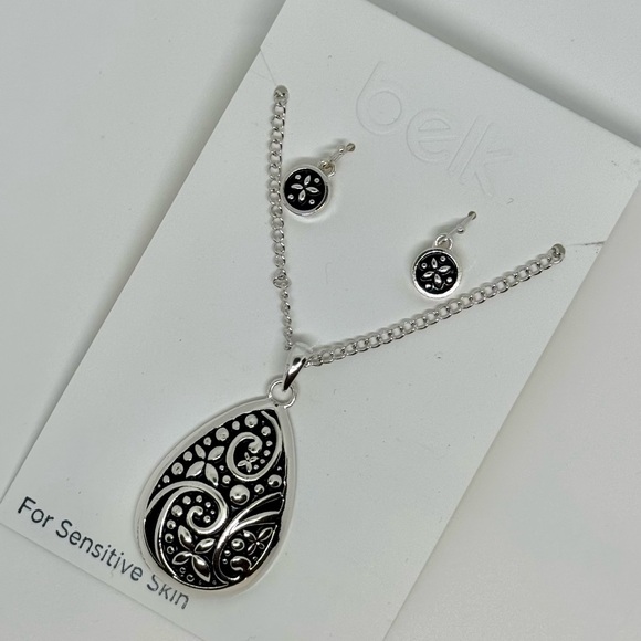 BELK Silver Tone on Black Design Pendant necklace and Fish Hook Earring Set - Picture 2 of 4